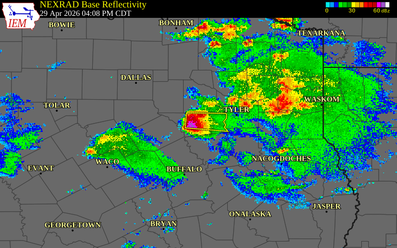 Radar snapshot during the Apr 29, 2026 hail event near Athens, Henderson County, Texas, with NWS warning polygons