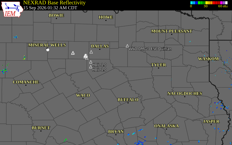 Current NEXRAD radar over Henderson County, Texas with recent storm report locations