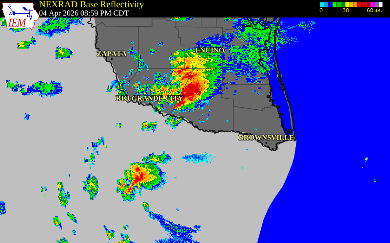 NEXRAD radar during the Saturday, April 4, 2026 storm activity in Hidalgo County, Texas