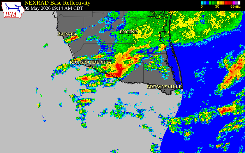 NEXRAD radar during the Saturday, May 9, 2026 storm activity in Hidalgo County, Texas