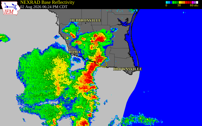 Radar snapshot during the Aug 2, 2026 wind event near 2 SSW McAllen, Hidalgo County, Texas, with NWS warning polygons