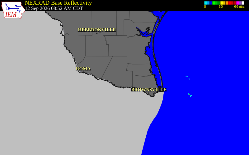Current NEXRAD radar over Hidalgo County, Texas with recent storm report locations