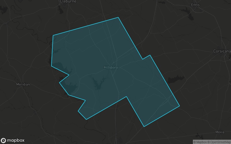 Map of Hill County, Texas showing the county boundary and surrounding cities