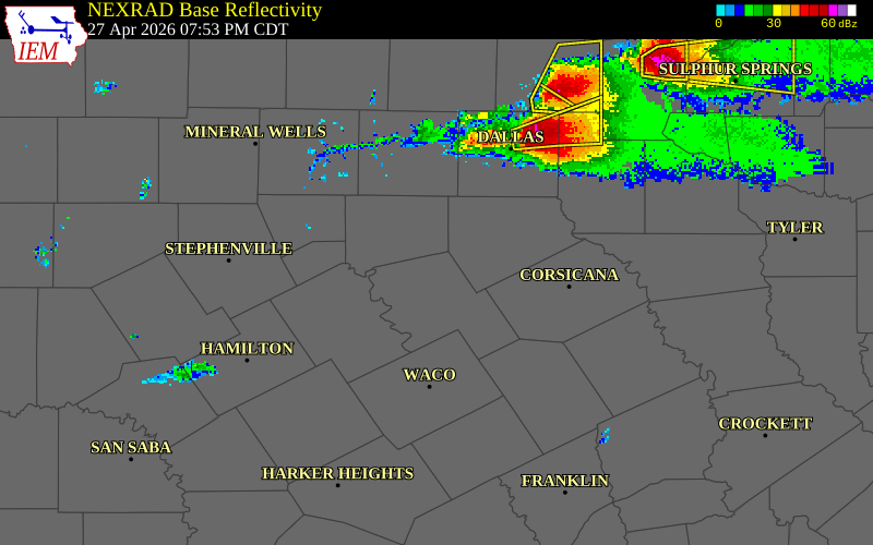 NEXRAD radar during the Monday, April 27, 2026 storm activity in Hill County, Texas
