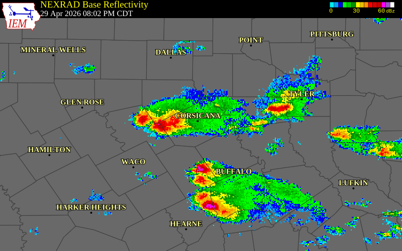 NEXRAD radar during the Wednesday, April 29, 2026 storm activity in Hill County, Texas