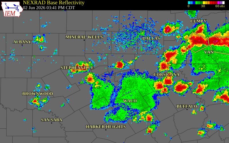 NEXRAD radar during the Tuesday, June 2, 2026 storm activity in Hill County, Texas