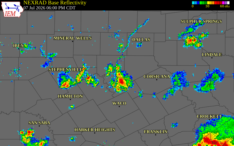 NEXRAD radar during the Tuesday, July 7, 2026 storm activity in Hill County, Texas