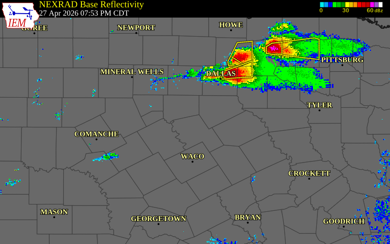 Radar snapshot during the Apr 27, 2026 hail event near Itasca, Hill County, Texas, with NWS warning polygons