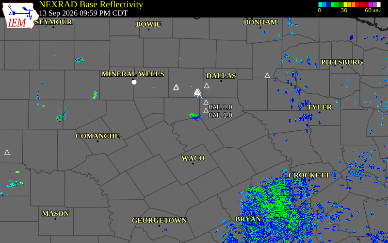 Current NEXRAD radar over Hill County, Texas with recent storm report locations