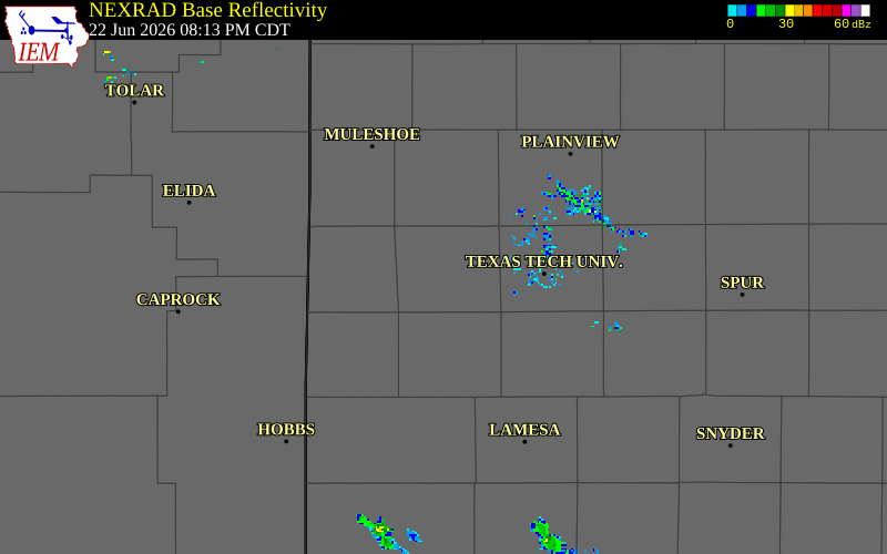 NEXRAD radar during the Monday, June 22, 2026 storm activity in Hockley County, Texas