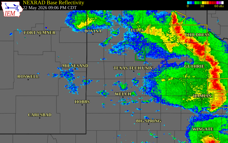 Radar snapshot during the May 22, 2026 tornado event near Levelland, Hockley County, Texas, with NWS warning polygons