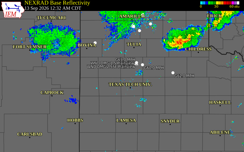 Current NEXRAD radar over Hockley County, Texas with recent storm report locations