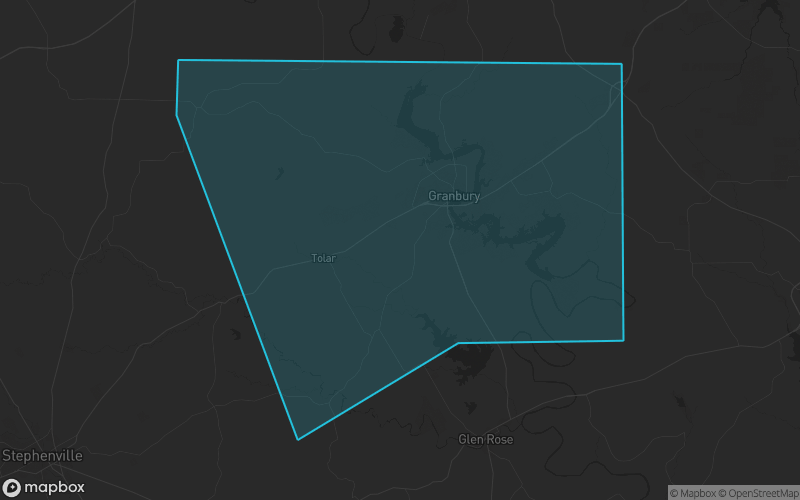 Map of Hood County, Texas showing the county boundary and surrounding cities