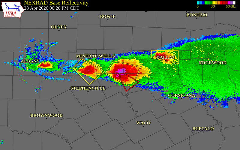 NEXRAD radar during the Tuesday, April 28, 2026 storm activity in Hood County, Texas