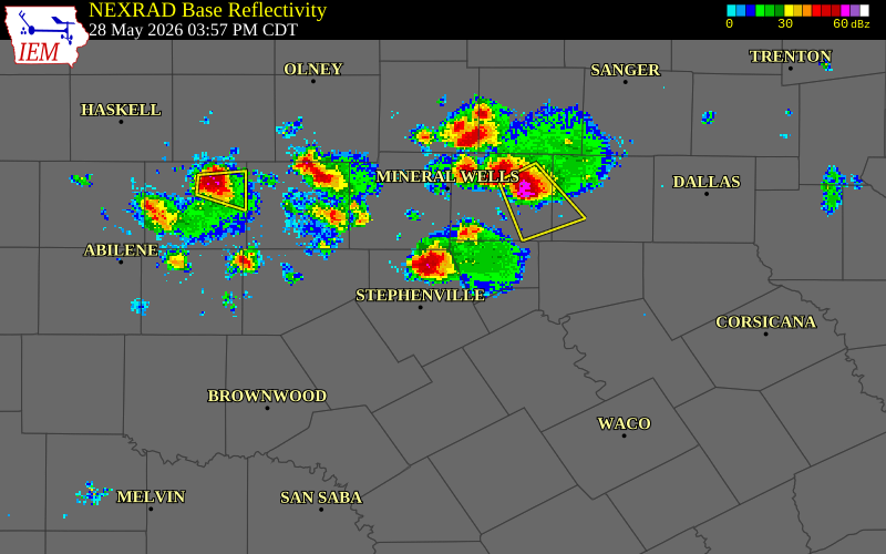 NEXRAD radar during the Thursday, May 28, 2026 storm activity in Hood County, Texas