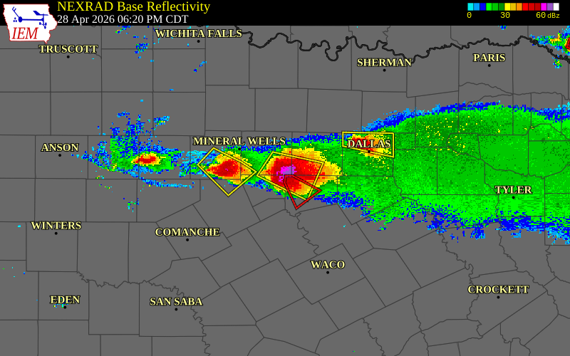 Radar snapshot during the Apr 28, 2026 hail event near 8 NW Godley, Hood County, Texas, with NWS warning polygons