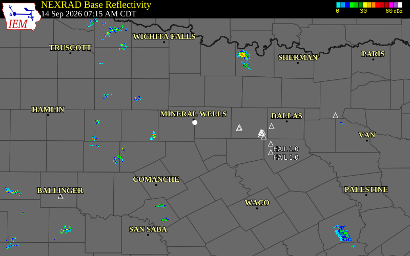 Current NEXRAD radar over Hood County, Texas with recent storm report locations