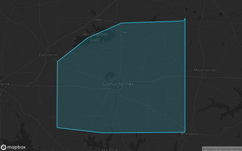 Map of Hopkins County, Texas showing the county boundary and surrounding cities