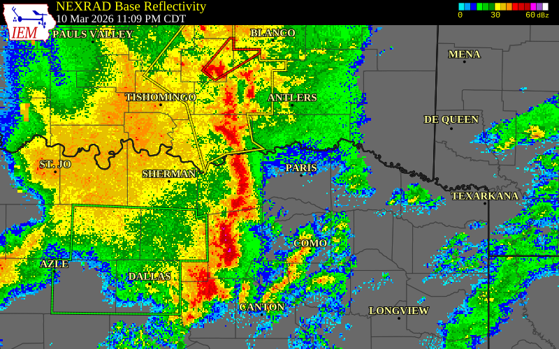 NEXRAD radar during the Tuesday, March 10, 2026 storm activity in Hopkins County, Texas