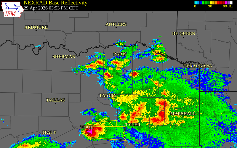 NEXRAD radar during the Wednesday, April 29, 2026 storm activity in Hopkins County, Texas