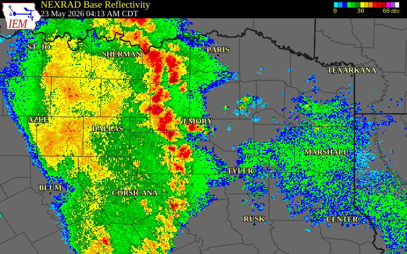 NEXRAD radar during the Saturday, May 23, 2026 storm activity in Hopkins County, Texas