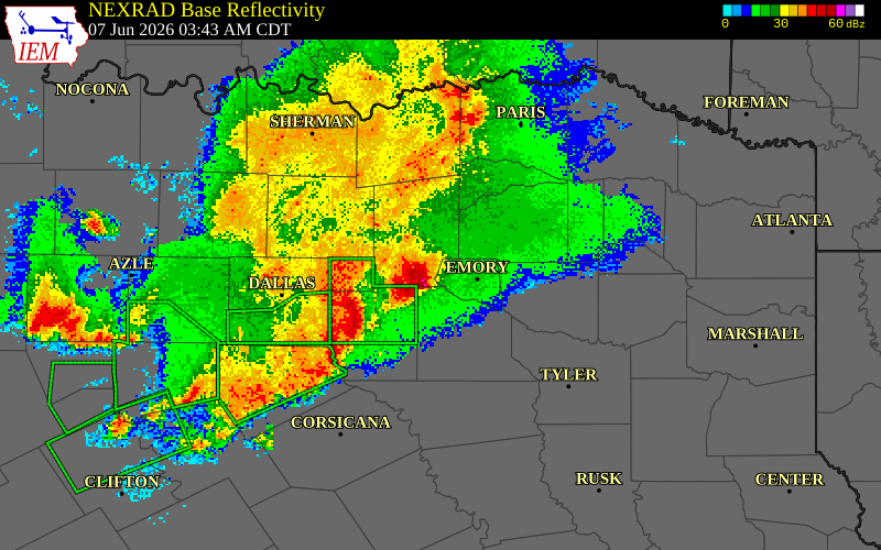 NEXRAD radar during the Sunday, June 7, 2026 storm activity in Hopkins County, Texas