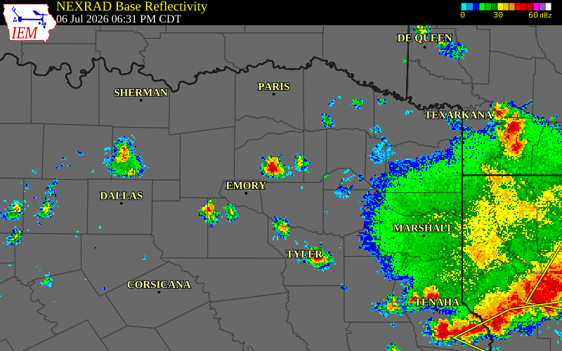 NEXRAD radar during the Monday, July 6, 2026 storm activity in Hopkins County, Texas