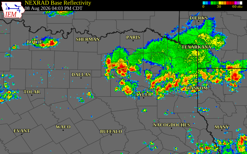 Radar snapshot during the Aug 8, 2026 wind event near Hopkins County, Hopkins County, Texas, with NWS warning polygons