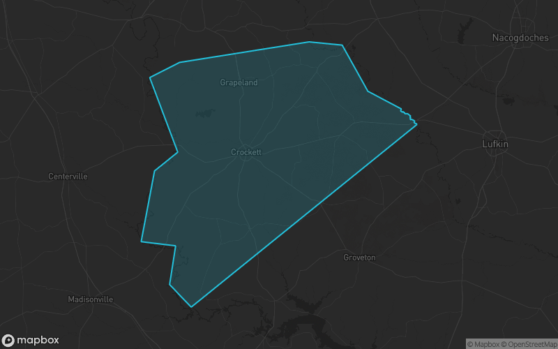 Map of Houston County, Texas showing the county boundary and surrounding cities