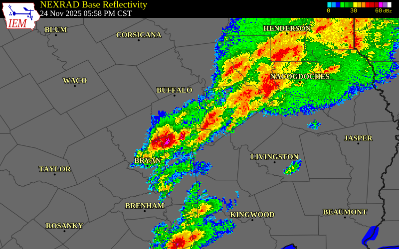 NEXRAD radar during the Monday, November 24, 2025 storm activity in Houston County, Texas