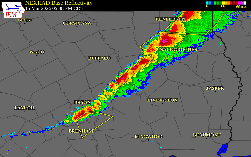 NEXRAD radar during the Sunday, March 15, 2026 storm activity in Houston County, Texas
