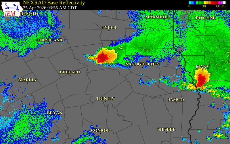 NEXRAD radar during the Saturday, April 25, 2026 storm activity in Houston County, Texas