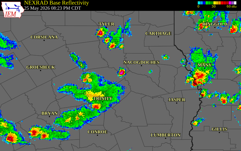 NEXRAD radar during the Monday, May 25, 2026 storm activity in Houston County, Texas