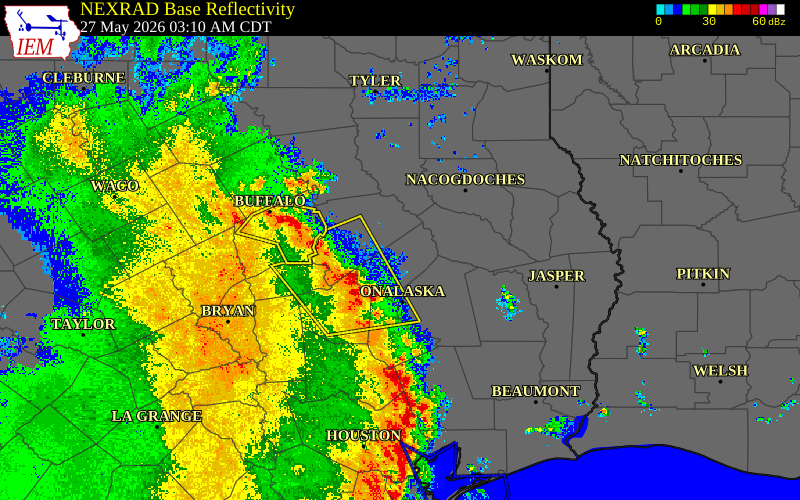 Radar snapshot during the May 27, 2026 wind event near Houston County, Houston County, Texas, with NWS warning polygons