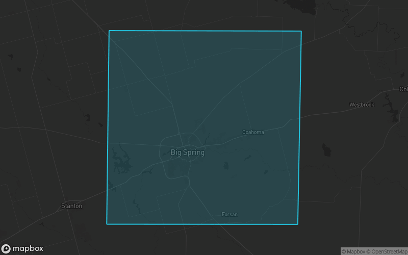 Map of Howard County, Texas showing the county boundary and surrounding cities