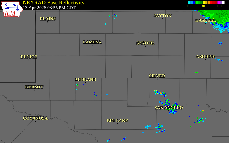 NEXRAD radar during the Monday, April 13, 2026 storm activity in Howard County, Texas