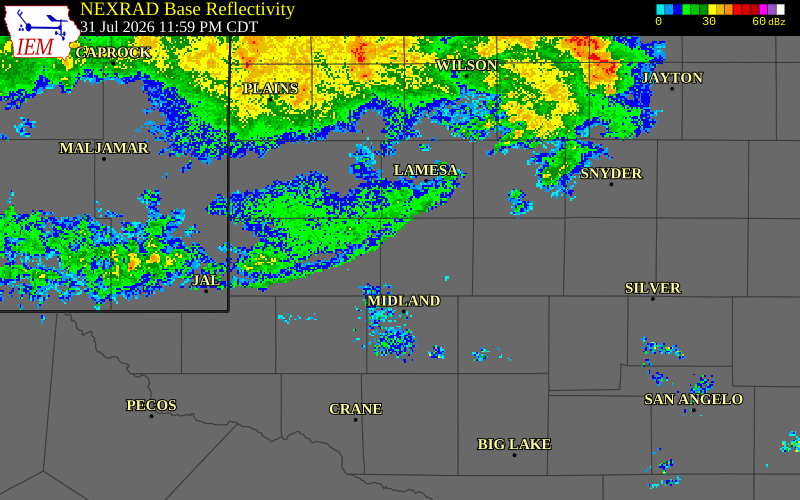 NEXRAD radar during the Friday, July 31, 2026 storm activity in Howard County, Texas