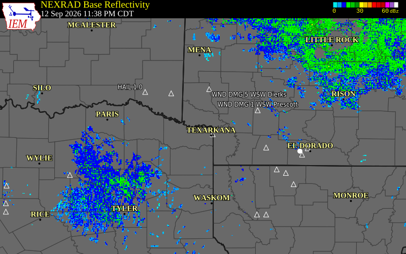 Current NEXRAD radar over Howard County, Texas with recent storm report locations