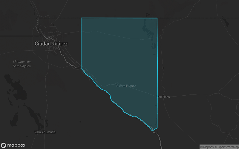 Map of Hudspeth County, Texas showing the county boundary and surrounding cities