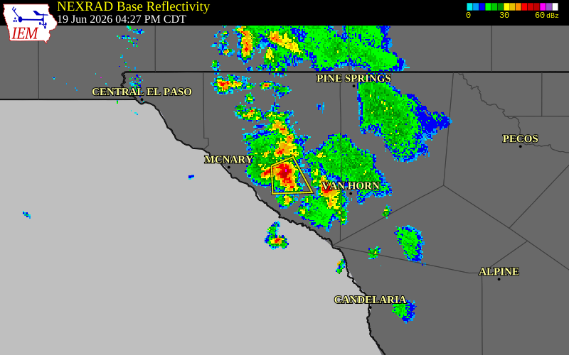 NEXRAD radar during the Friday, June 19, 2026 storm activity in Hudspeth County, Texas