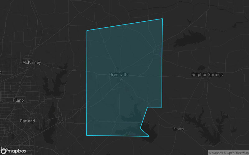 Map of Hunt County, Texas showing the county boundary and surrounding cities