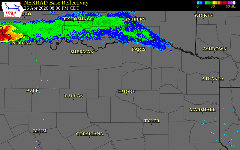 NEXRAD radar during the Sunday, April 26, 2026 storm activity in Hunt County, Texas