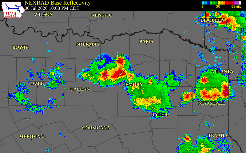 NEXRAD radar during the Monday, July 6, 2026 storm activity in Hunt County, Texas