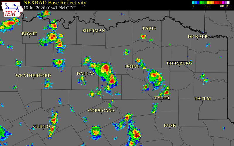NEXRAD radar during the Thursday, July 16, 2026 storm activity in Hunt County, Texas