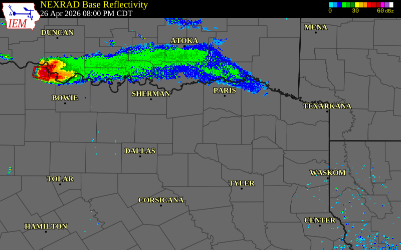 Radar snapshot during the Apr 26, 2026 hail event near 1 N Commerce, Hunt County, Texas, with NWS warning polygons
