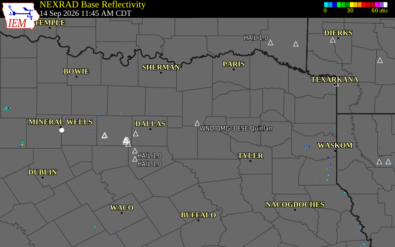 Current NEXRAD radar over Hunt County, Texas with recent storm report locations