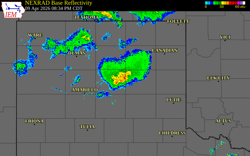 NEXRAD radar during the Thursday, April 9, 2026 storm activity in Hutchinson County, Texas