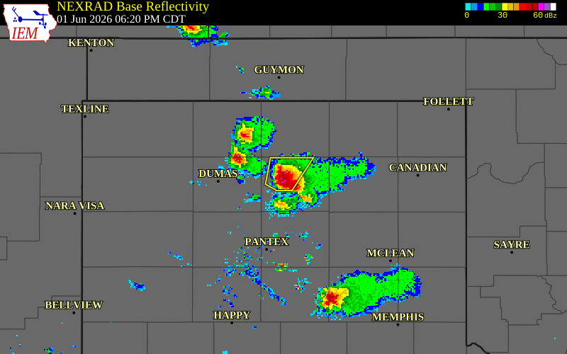NEXRAD radar during the Monday, June 1, 2026 storm activity in Hutchinson County, Texas