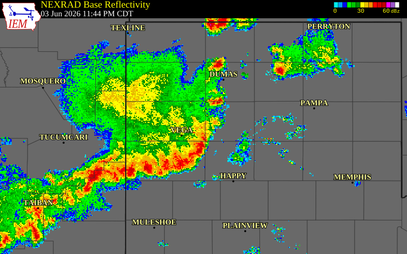 NEXRAD radar during the Wednesday, June 3, 2026 storm activity in Hutchinson County, Texas