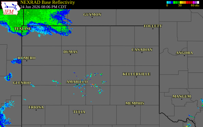 NEXRAD radar during the Wednesday, June 24, 2026 storm activity in Hutchinson County, Texas